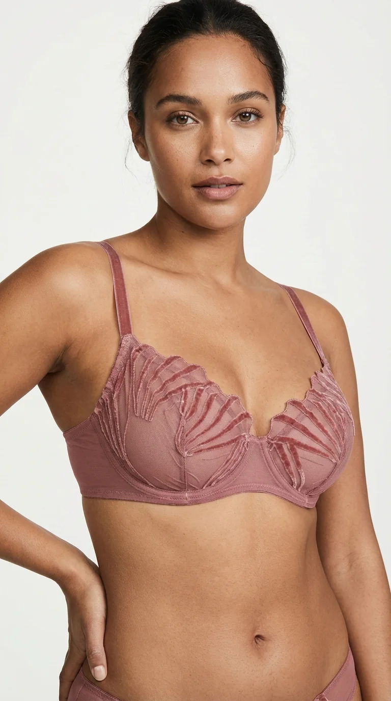 LunaIntim Desteksiz Gül Kurusu Balenli Sütyen Transparan Brodeli Şık Model - Yan Görünüm